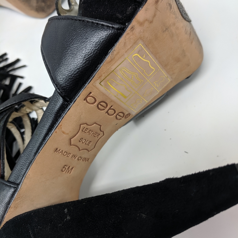 Bebe | leather black fringe heels - Picture 3 of 5